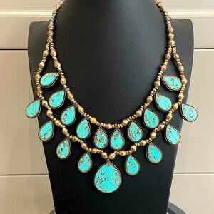 LUCKY BRAND GOLD-TONE TURQUOISE TWO-ROW TEAR DROP REVERSIBLE COLLAR NECKLACE